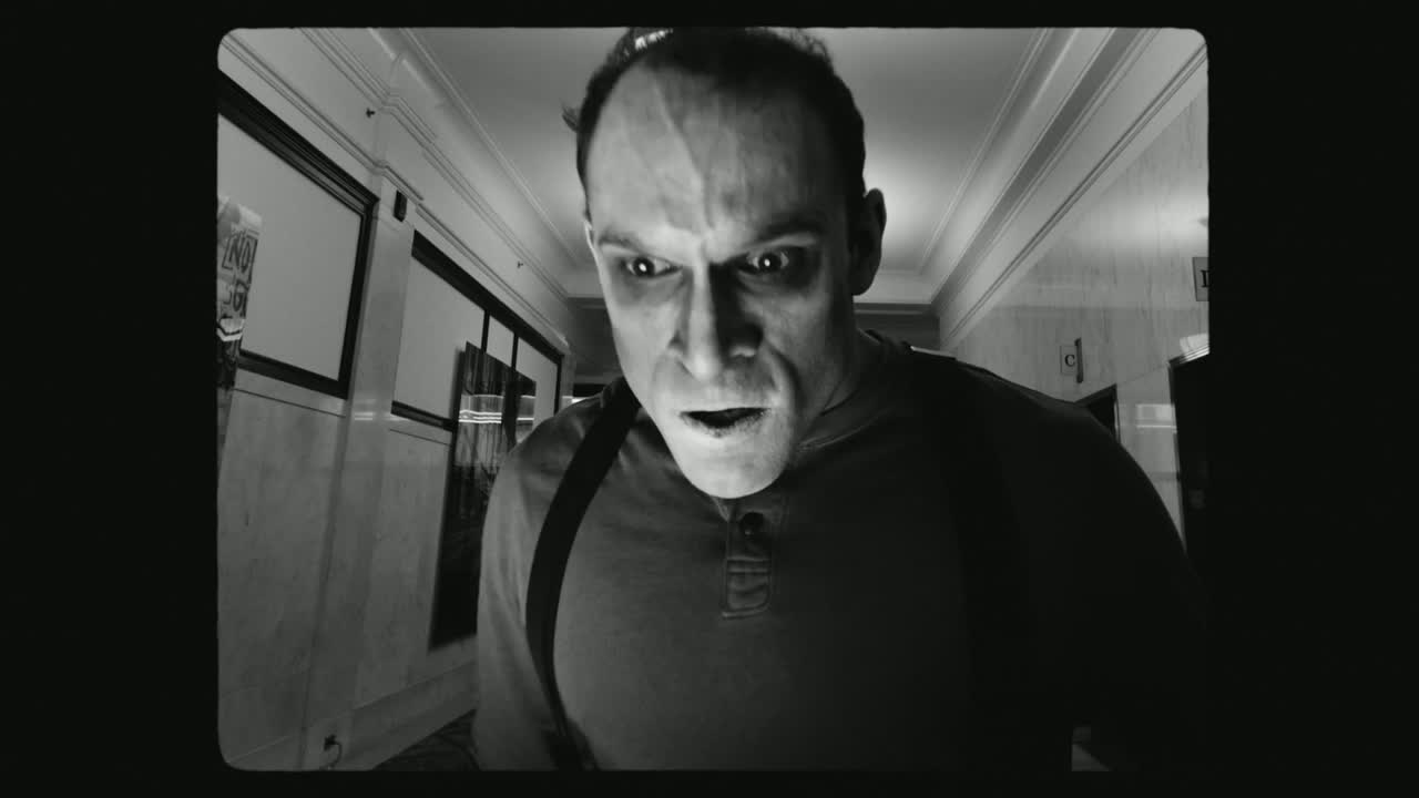 Jerreme Rodriguez as Cesare in The Cabinet of Dr. Caligari, in black and white