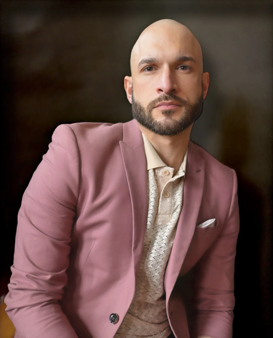 Jerreme Rodriguez wearing a rose-colored jacket